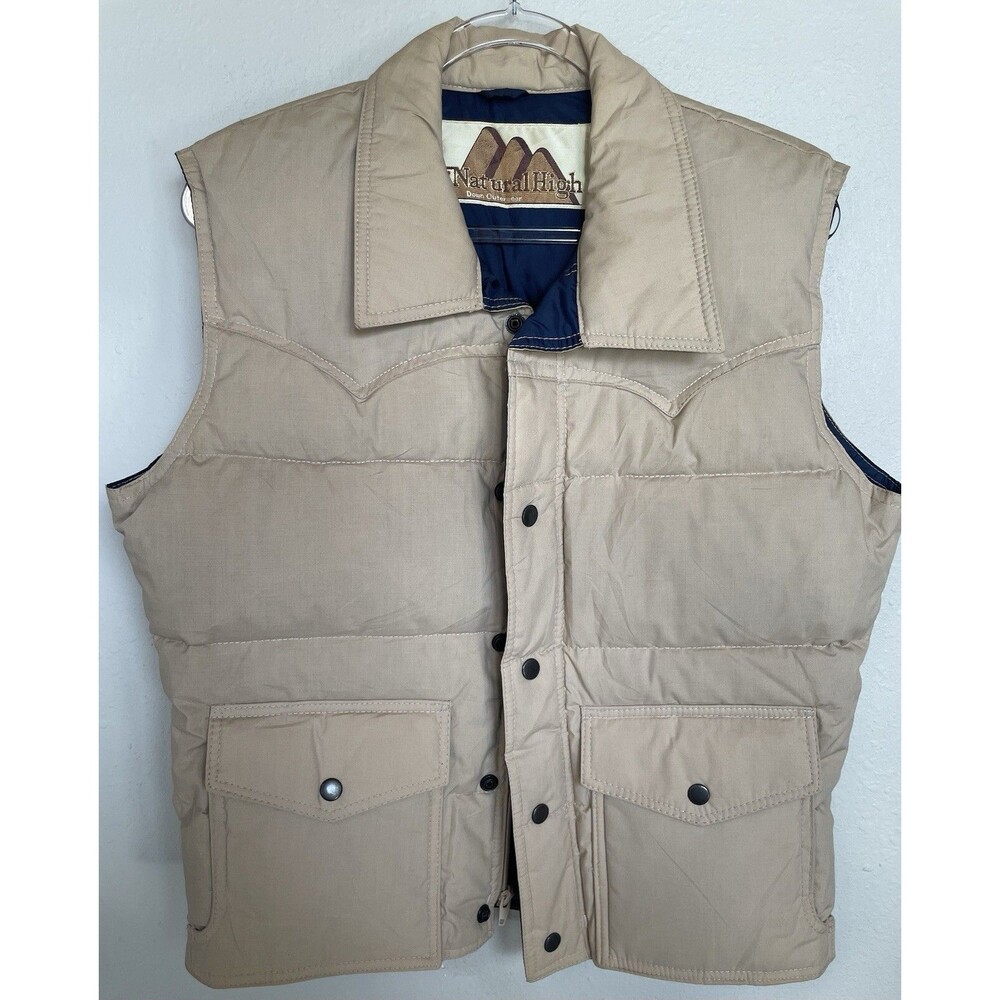 VINTAGE 1970s Natural High Down Puffer Vest Beige Tan Zip Button Men’s Smal